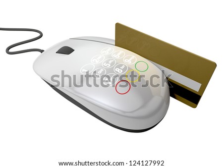 A concept of a computer mouse made into a credit card machine with a card swiping through it depicting on line shopping on an isolated background