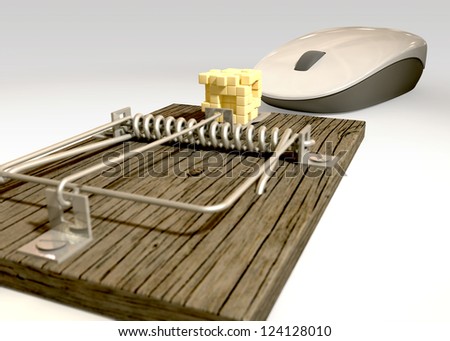 A regular wood and metal mousetrap baited with a depiction of a block of cheese in pixels being looked at by a white computer mouse on an isolated background