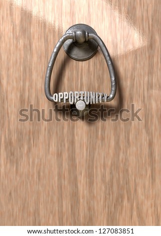 A metal door knocker with the word opportunity extruded on it on a wooden door