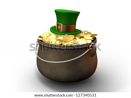 A cast iron pot filled with gold coins and a leprechaun top hat resting on top on an isolated background