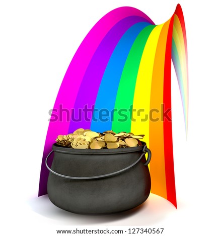 A cast iron pot filled with gold coins at the end of a regular stylized rainbow on an isolated background