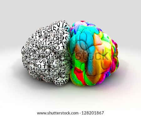A typical brain with the left side depicting an analytical, structured and logical mind, and the right side depicting a scattered, creative and colorful side on an isolated background