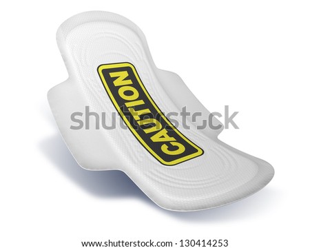 A sanitary pad with a black and yellow caution sign printed on it on an isolated background