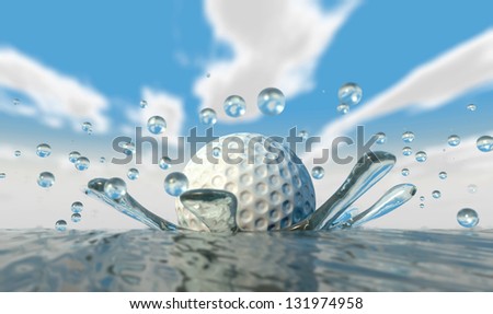 An extreme closeup of a golf ball hitting water on a blue sky background