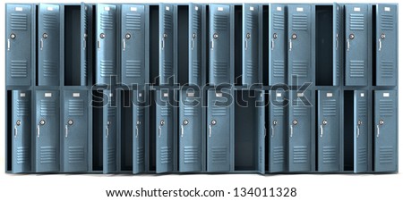 A perspective view of a stack of ransacked blue metal school lockers with combination locks and open doors on an isolated background