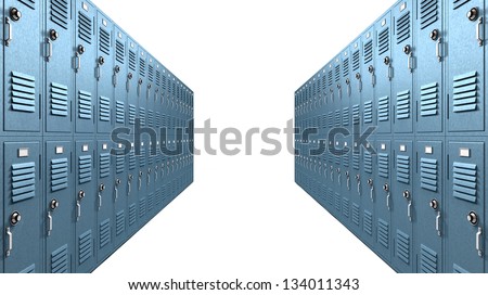 A perspective view of a stack of blue metal school lockers with combination locks and doors shut on an isolated background