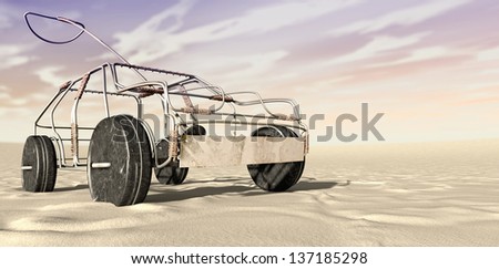 A traditional south african handmade wire toy car made out of metal and copper wire with tin cans as wheels in a desert landscape