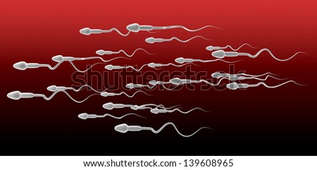 A microscopic side view closeup of a group white sperm swimming in the same direction on a red and maroon background