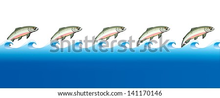 A stylization of the great salmon migrations with cutouts of pink salmon in a row with a row of blue water on an isolated background