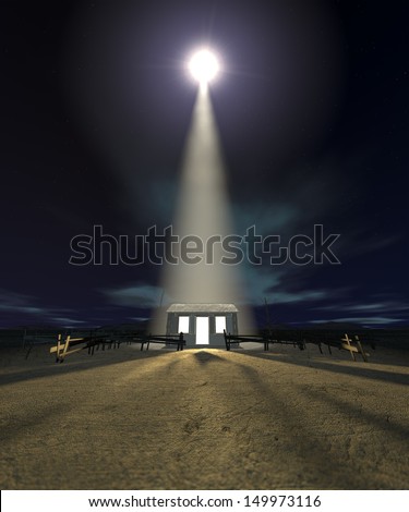 A nativity scene of christs birth in bethlehem with the isolated run down stable being lit by a bright star on a dark blue sky background A nativity scene of christs birth in bethlehem with the isolated run down stable being lit by a bright star on a dark blue sky background