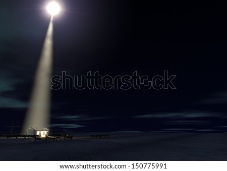 A nativity scene of christs birth in bethlehem with the isolated run down stable being lit by a bright star on a dark blue sky background A nativity scene of christs birth in bethlehem with the isolated run down stable being lit by a bright star on a dark blue sky background