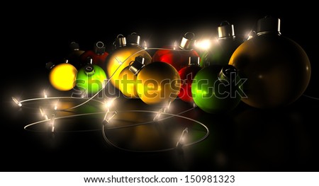 Regular green read and gold christmas baubles with a string of illuminated fairy lights draped over them on an isolated black background