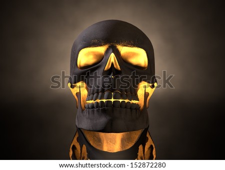 A front view of a dark human skull with glowing orange insides on a dark eerie background