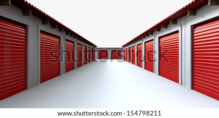 A perspective view of a row of storage rooms with closed red roller doors on an isolated white background