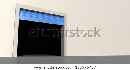 A perspective view of an empty storage room with an open blue roller door on an isolated white wall background
