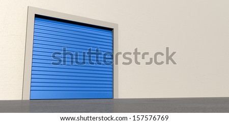 A perspective view of a storage room with a closed blue roller door on an isolated white wall background