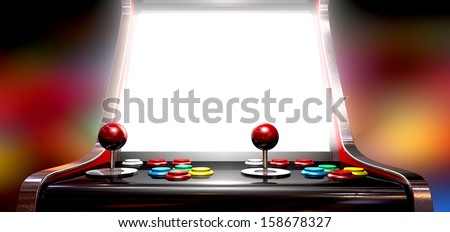 A vintage arcade game machine with colorful controllers and a bright illuminated screen on a bright arcade background
