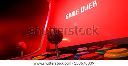 A vintage arcade game machine with a bright red illuminated screen that reads game over in white on a dark arcade background