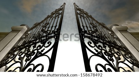 A Set Of Ornate Gates To Heaven Opening Under An Ethereal Light And Cloudy Afterlife