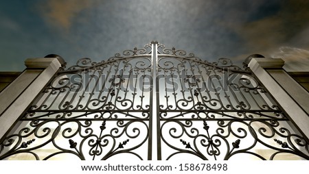 A set of closed ornate gates to heaven under an ethereal light and cloudy afterlife