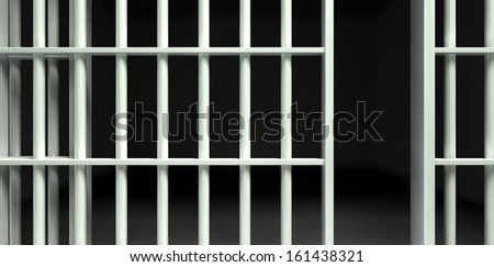 A Front View Of White Iron Jail Cell Bars And An Open Sliding Bar Door On A Dark Background