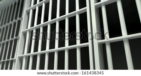 A perspective view of white iron jail cell bars and a closed sliding bar door on a dark background