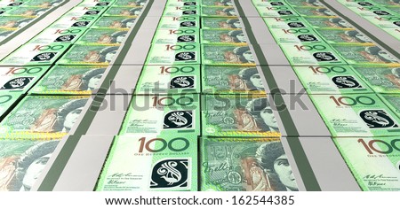 A laid out collection of bundled one hundred australian dollar bill notes