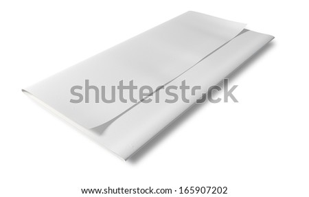 A piece of white paper folded up three times to make a DL sized letter on an isolated white background