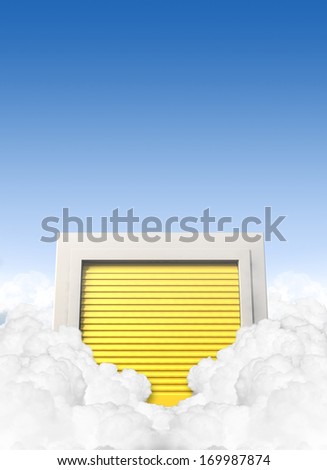 A concept depicting a storage locker with a yellow roller door located in a cloud on a blue sky background