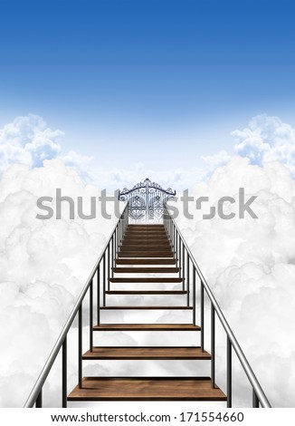 A depiction of the stairway to heavens pearly gates above the clouds on a clear blue sky background