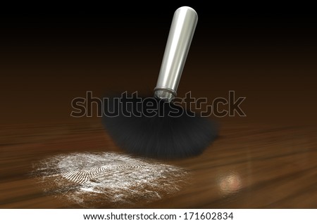 A crime scene brush dusting black talcum powder revealing and a fingerprint mark on a wooden surface