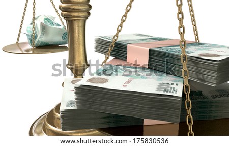 An old school bronze justice scale with stacks of russian ruble money on one side and a few crumpled notes on the other representing the inequality in the income gap  an isolated white background
