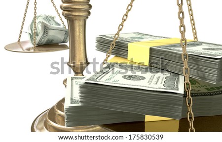 An old school bronze justice scale with stacks of us dollar money on one side and a few crumpled notes on the other representing the inequality in the income gap  an isolated white background