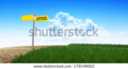 A meadow symmetrically cut split by a wooden fence with one side flourishing and the other withering symbolizing the saying greener pastures on a blue sky background