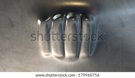A flat sheet of metal thats has been punched on the opposite side resulting in a extruded fist shaped dent developing as a result of an angry outburst