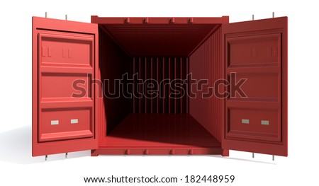 A render of a red shipping container with open doors and empty inside on an isolated white background