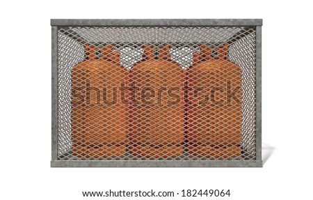 A rectangular steel cage covered in diamond mesh wiring with orange gas bottles inside on an isolated white background