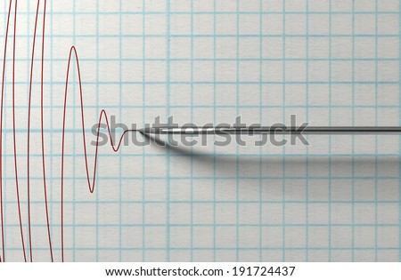 A closeup of a polygraph lie detector test needle drawing a red line on graph paper on an isolated white background