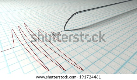 A closeup of a polygraph lie detector test needle drawing a red line on graph paper on an isolated white background