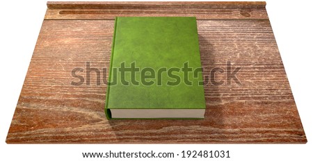 A direct top view of a vintage school desk and a closed blank covered book on an isolated background