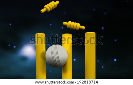 A white leather cricket ball hitting yellow wooden cricket wickets on an isolated white background