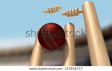A red leather cricket ball hitting wooden cricket wickets on an isolated white background