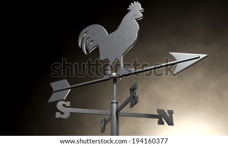 A regular metal weather vane with a cockerel motif facing north east with other directions depicted on an isolated background