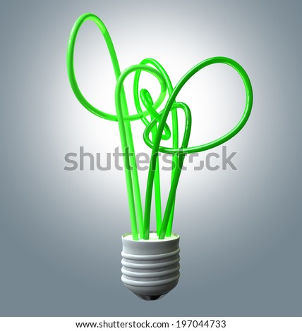 A collection of green fluorescent tubes representing a tree and lightbulb with a threaded base symbolizing green energy on an isolated studio background