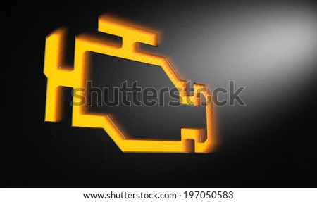 An extreme closeup of an illuminated orange check engine indicator dashboard light on an isolated black textured background