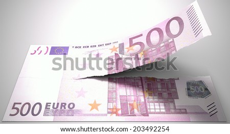 A concept picture of a regular american five hundred euro note tearing in two length ways on an isolated background