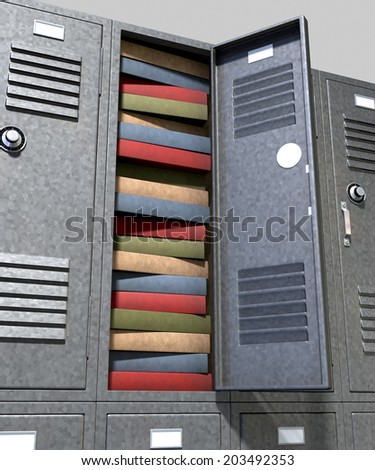 A perspective view of a stack of grey metal school lockers with combination locks and one with an open door crammed full of a pile of books on an isolated background