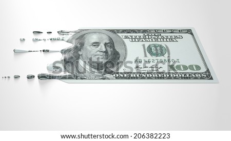 A concept image showing a regular US Dollar banknote that is half melted and liquefied dripping on an isolated studio background