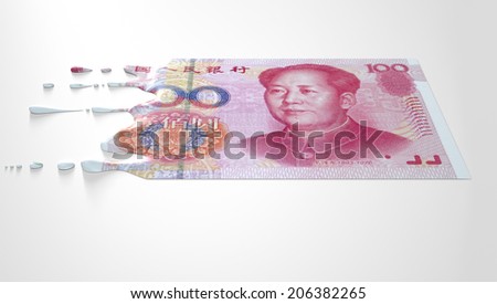 A concept image showing a regular Chinese Yuan banknote that is half melted and liquefied dripping on an isolated studio background