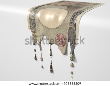 A concept image showing a regular Japanese Yen banknote that is half melted and liquefied dripping on an isolated studio background